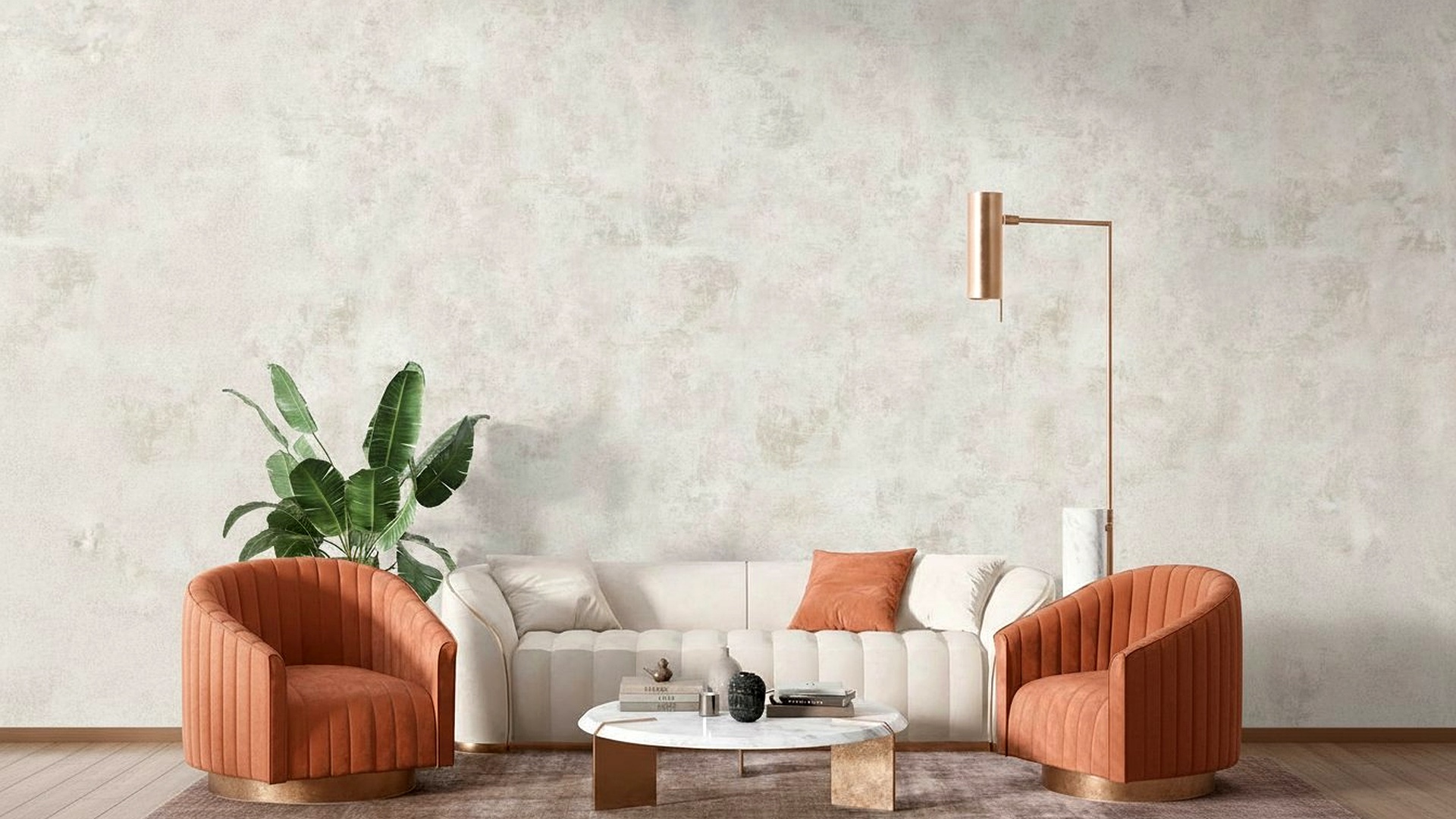 Sala de estar com paleta de cores terrosas, cadeiras terracota e iluminação quente