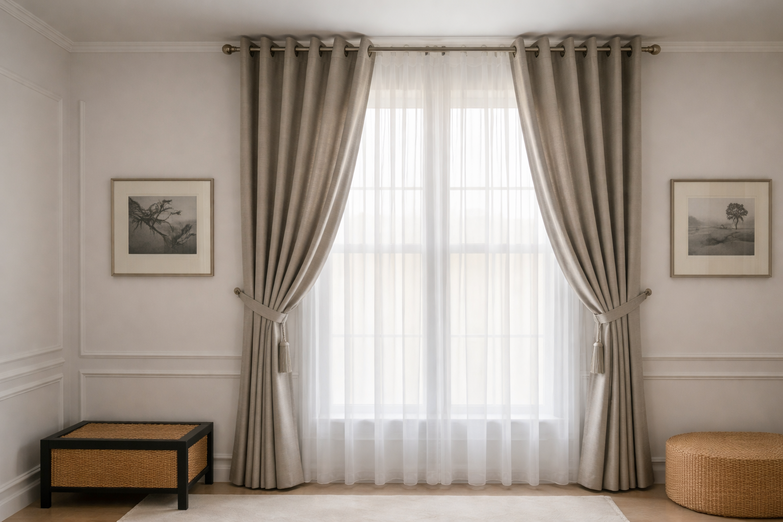 Quarto de casal com cortinas blackout, ambiente escuro e aconchegante