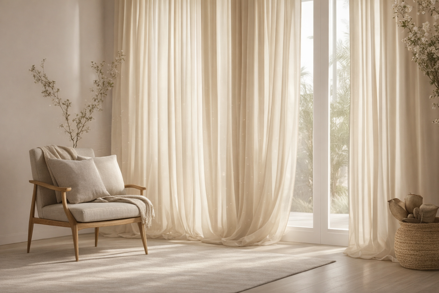 Sala de estar com cortinas de voil branco filtrando a luz natural
